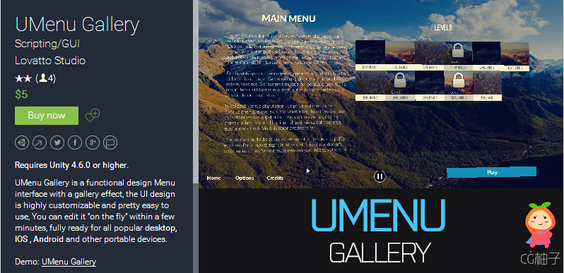 Requires Unity 4.6.0 or higher. UMenu Gallery is a functional design Menu interface with a gallery e ...
