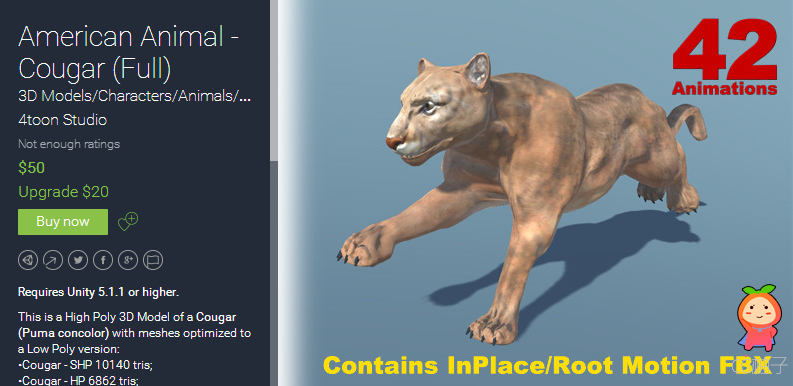 Requires Unity 5.1.1 or higher. This is a High Poly 3D Model of a Cougar (Puma concolor) with meshes ...