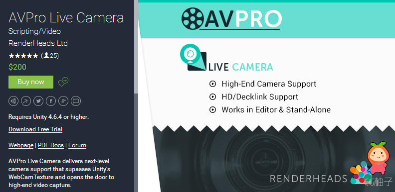 Requires Unity 4.6.4 or higher. Download Free Trial   Webpage | PDF Docs | Forum  AVPro Live Camera  ...