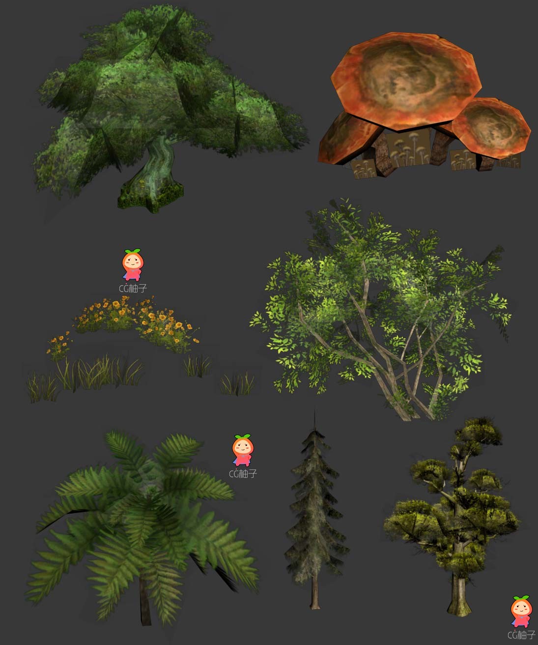 《极光世界》所有植物模型【免费下载】花草树木灌木3D植物模型下载，没绑定，有材质，网游模型， ...