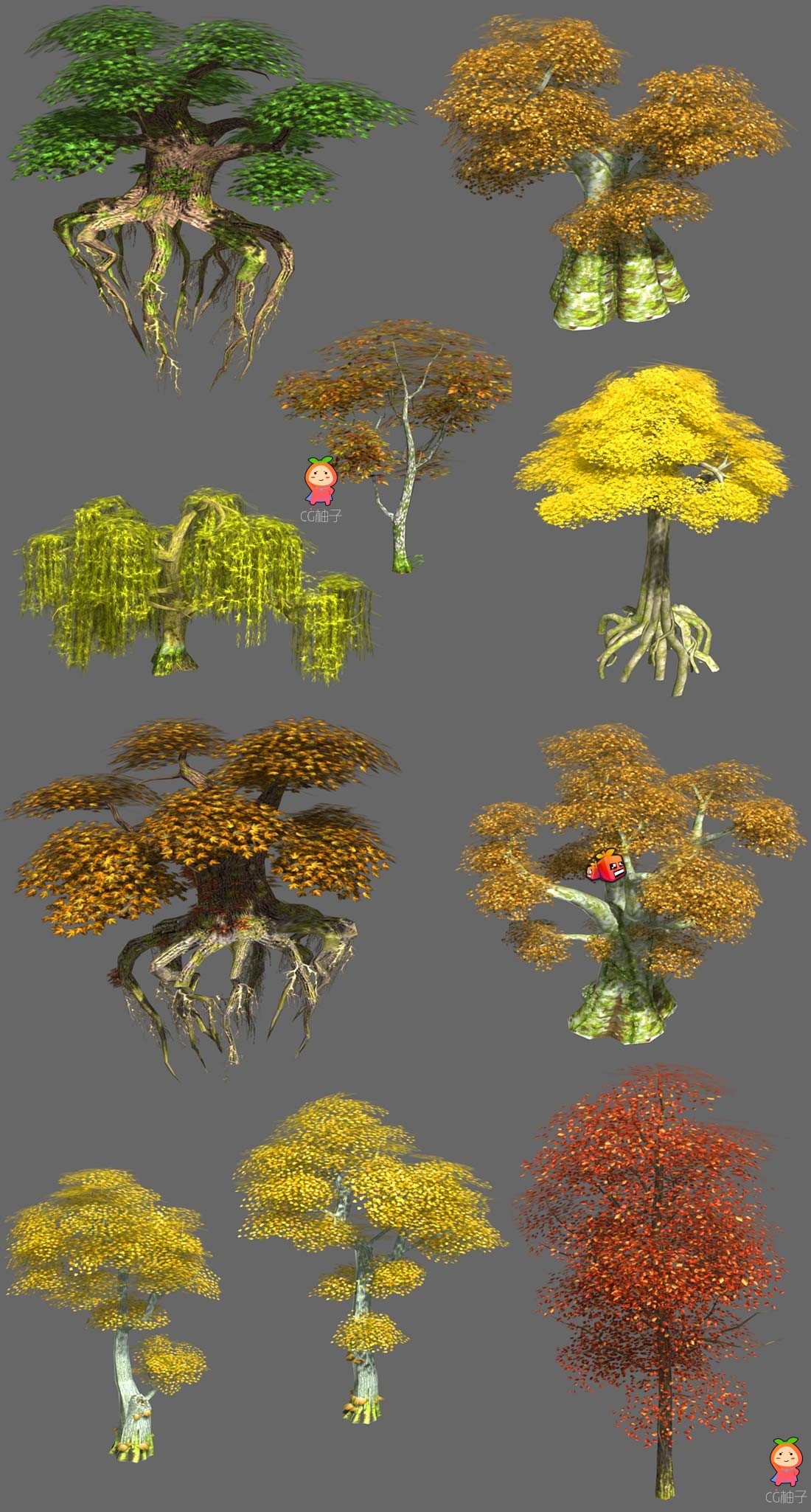 植物模型【免费】合集下载 黄树叶 落叶树 枫树 柏树3D模型