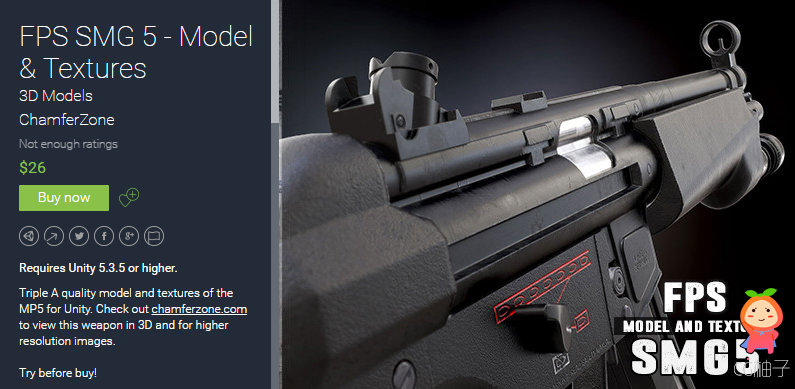 FPS SMG 5 - Model & Textures 1.0 unity3d asset unitypackage插件 U3D模型