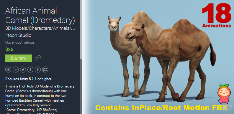 African Animal - Camel (Dromedary) 1.0 unity3d asset U3D模型 ios开发