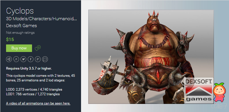 Cyclops 1.0 unity3d asset U3D模型下载 Unity3d官网 ios开发