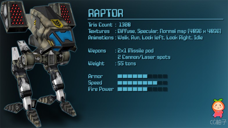 Raptor - Battle Mech 1.0 unity3d asset U3D模型 Unity3d论坛资源