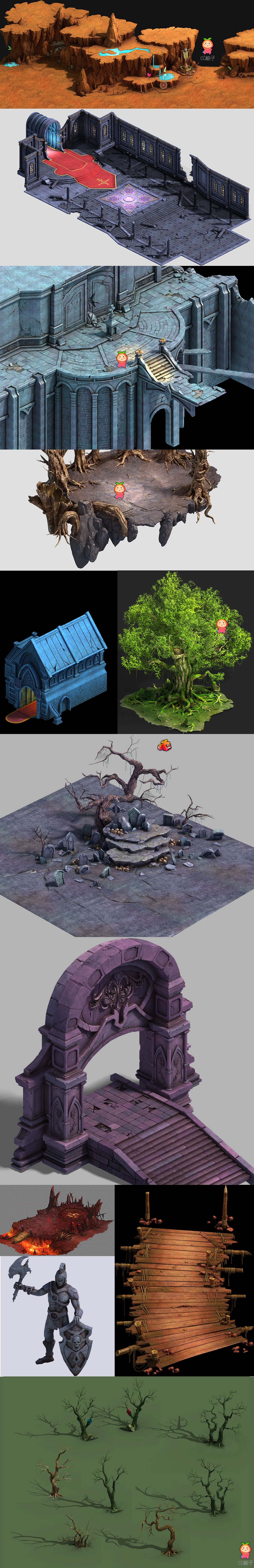 《圣斗士》全套场景模型【29G】场景物件 树木模型 游戏建筑