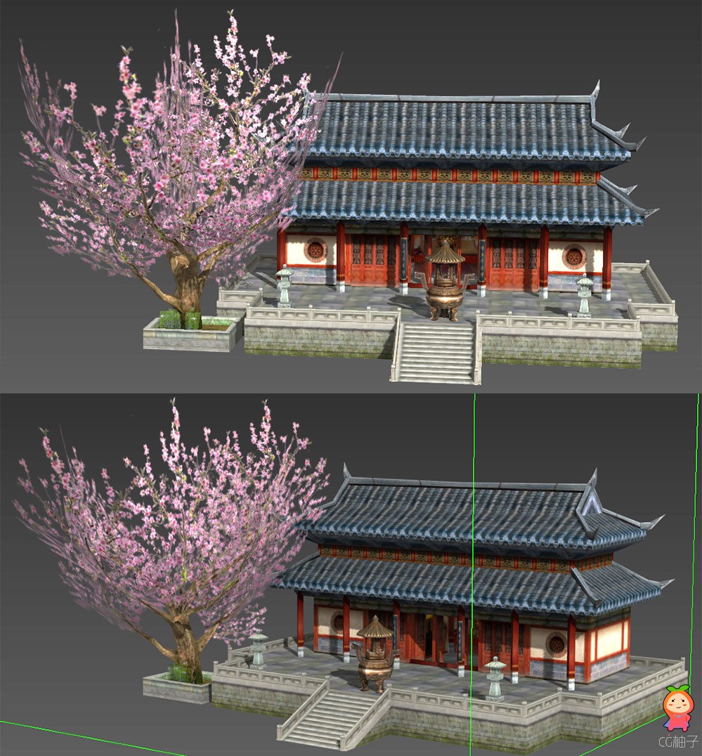 东方寺庙3D场景，有樱花树的庙会模型，仙侠类场景免费下载