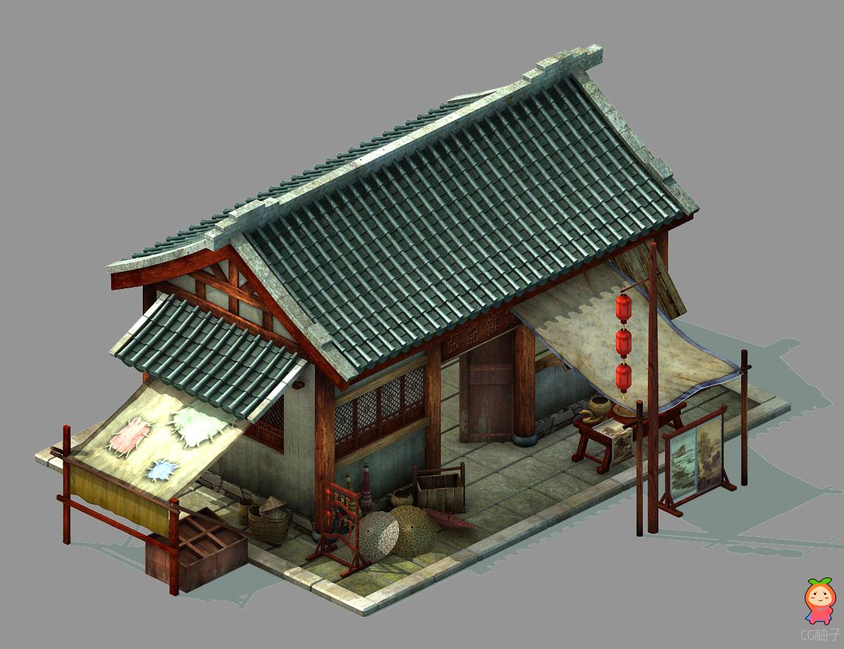 东方古代房子模型 典当铺 瓦屋3dmax免费下载 2.5D场景高模