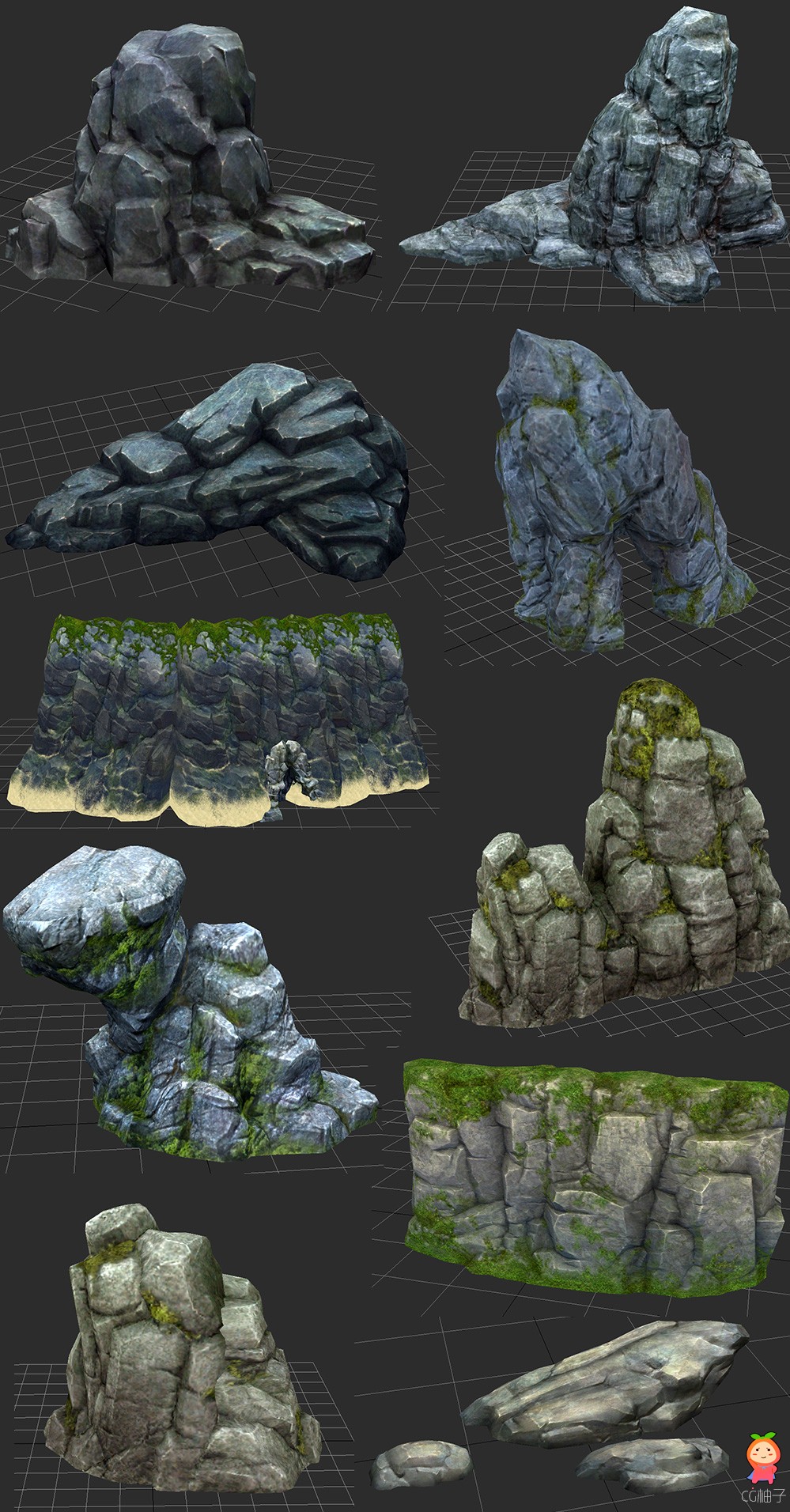 免费发几块石头的模型 手绘贴图 长苔藓的大石块 3dmax下载 