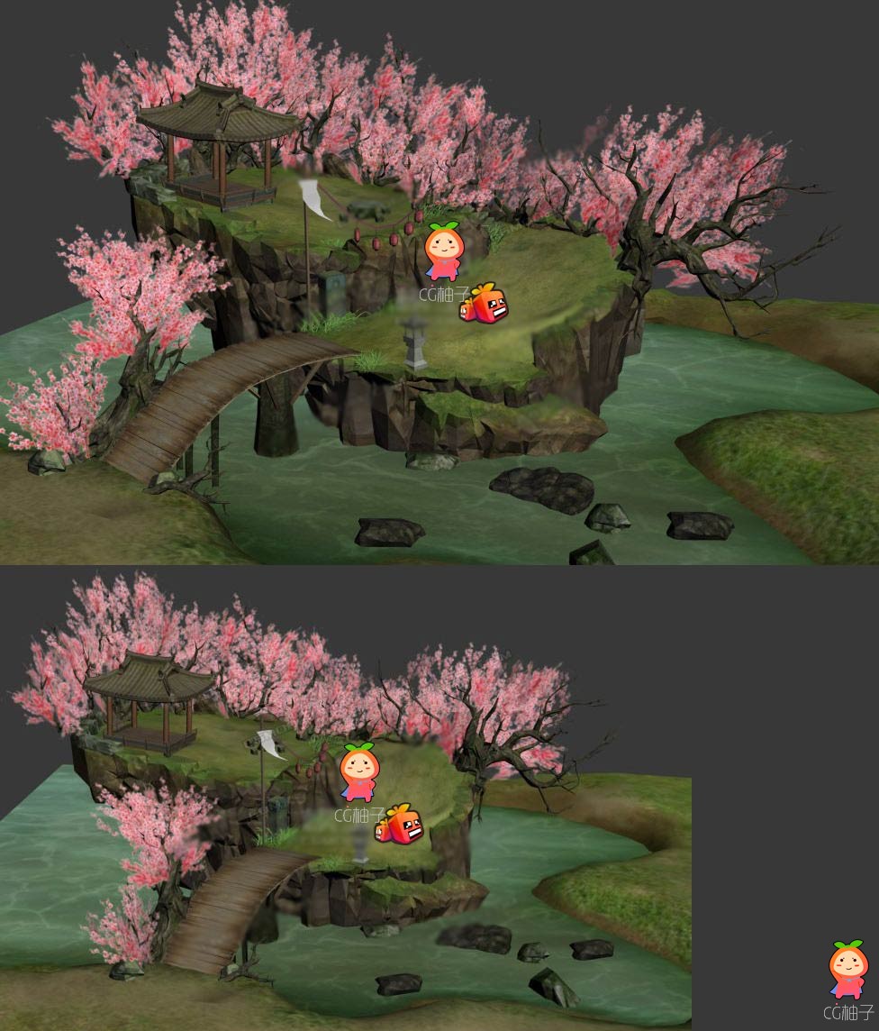 桃花源3D场景模型，桃花林小桥流水亭子3D场景免费下载