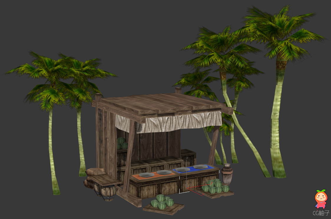水果摊的场景，有椰子树与西瓜3D场景，东方古建筑场景免费