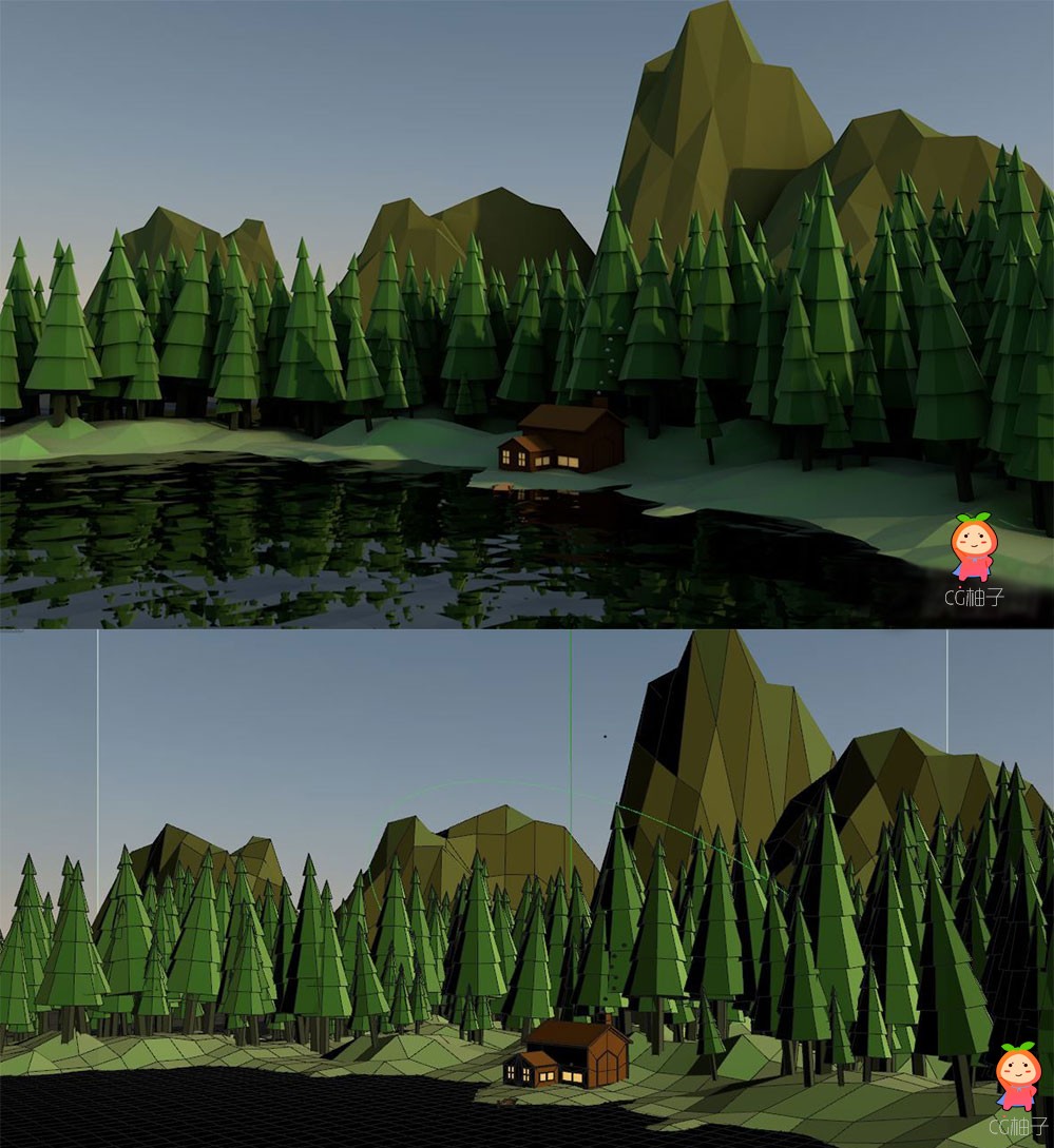 卡通森林低面场景 low poly 现代Q版卡通场景模型，C4D免费下载