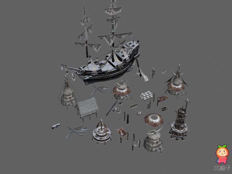 一批西方场景物件模型免费下载，有船舶 房屋 铁塔等物件
