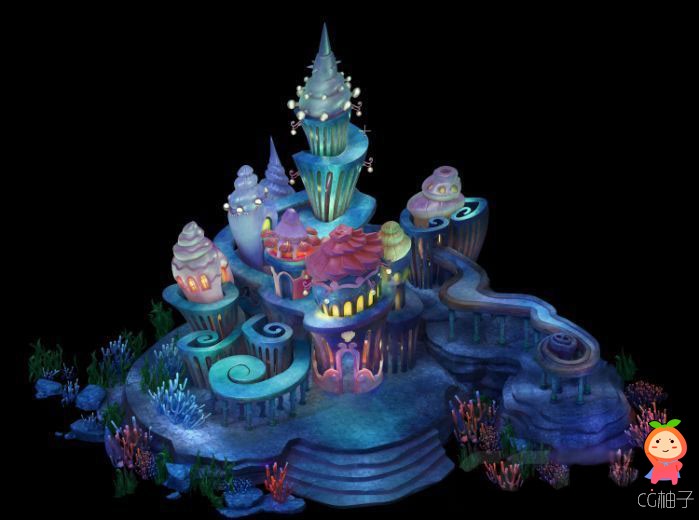 Q版卡通场景 海底城堡场景 水底宫殿模型免费下载