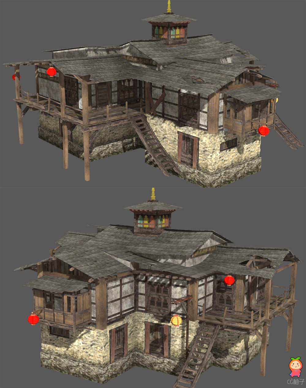 东方古建筑房屋模型，游戏场景建筑模型，次世代模型免费