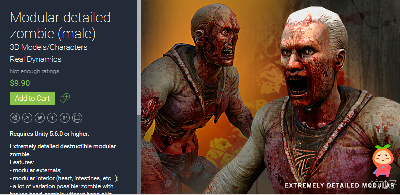 Modular detailed zombie (male) 1.0 unity3d asset U3D插件模型 ios开发