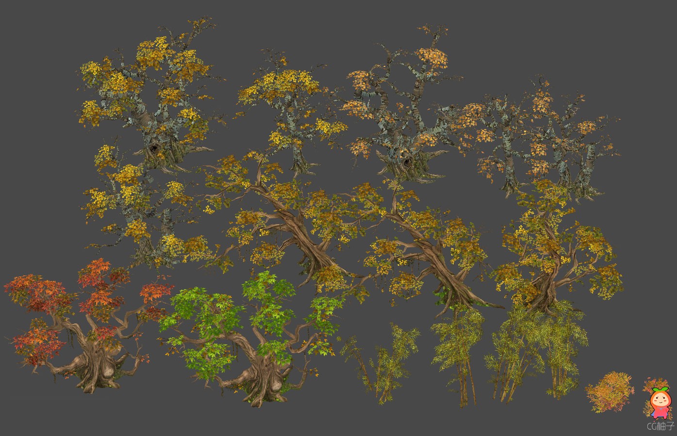 免费3D植物模型 林宝寺19个植物模型 树木 竹子 草丛模型