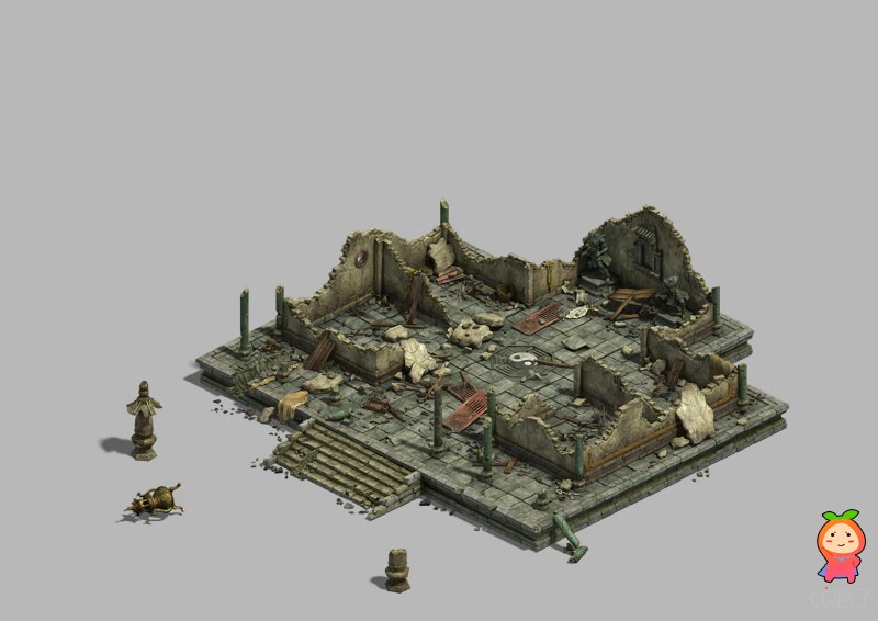 废墟场景免费下载，中式古代废墟场景道具模型
