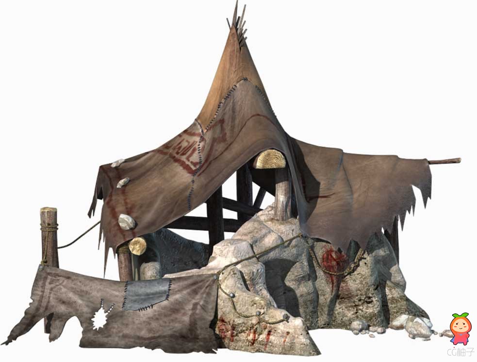 原始部落的帐篷模型免费 古代木头帐篷3D建筑模型