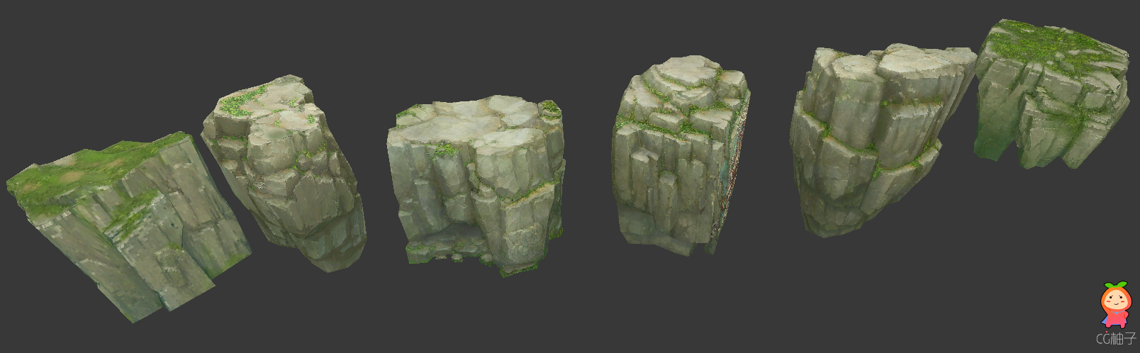 一堆石头石块山石石头路模型 苔藓石头低模