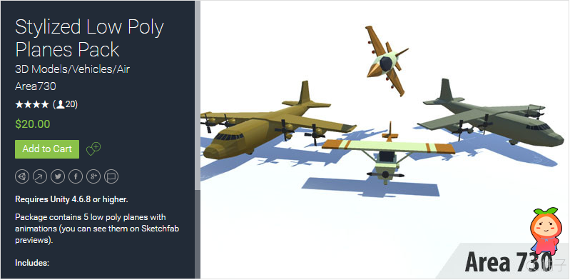Requires Unity 4.6.8 or higher. Package contains 5 low poly planes with animations (you can see them ...