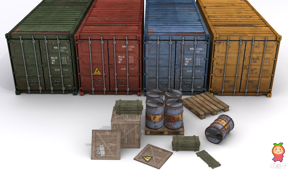 写实集装箱货运模型 油桶 木箱 木板 货轮道具