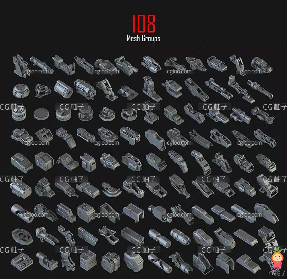 3D KitBash库机械零件模型合集（含400多个单体部件和108个组件）
