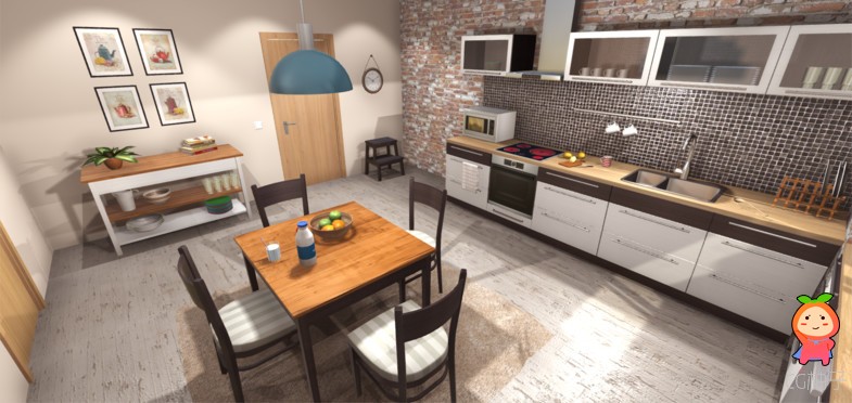 现代厨房模型 室内厨房餐厅电器家具
