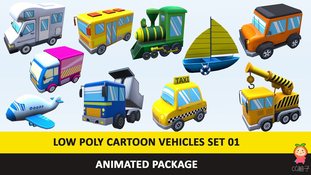 Animated Cartoon Cute Vehicles Low Poly Pack - 01 Games low-poly 3d model