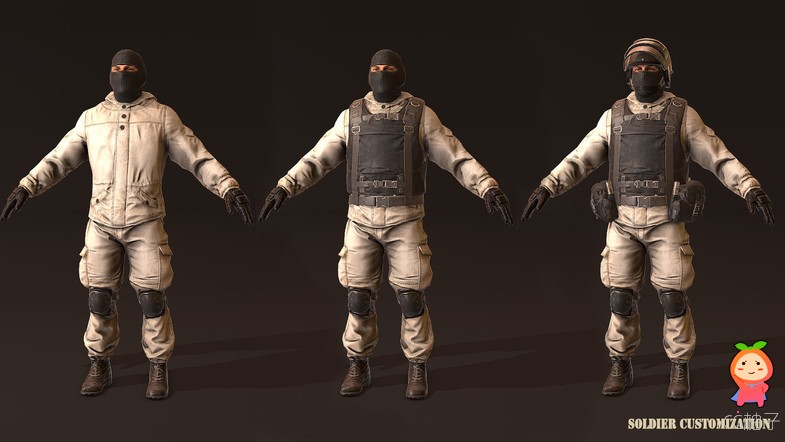 游戏角色战士兵装备蒙皮骨骼模型