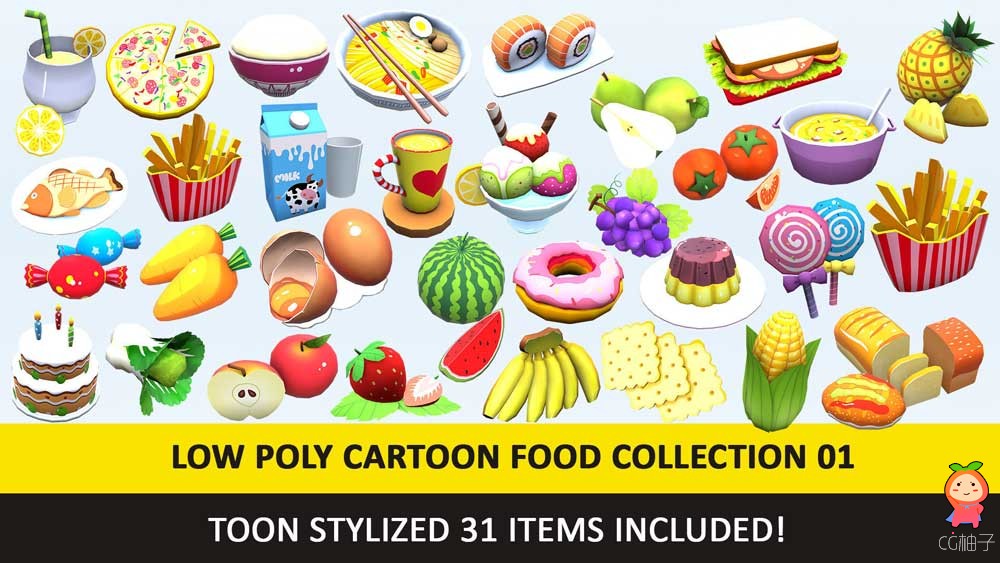 Toy Toon Cute Food Collections Low Poly Pack - 01 AR VR low-poly 3d model