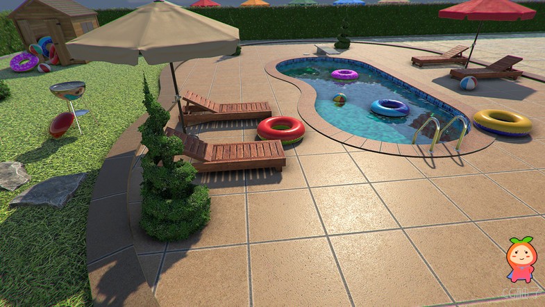 卡通公园泳池场景模型