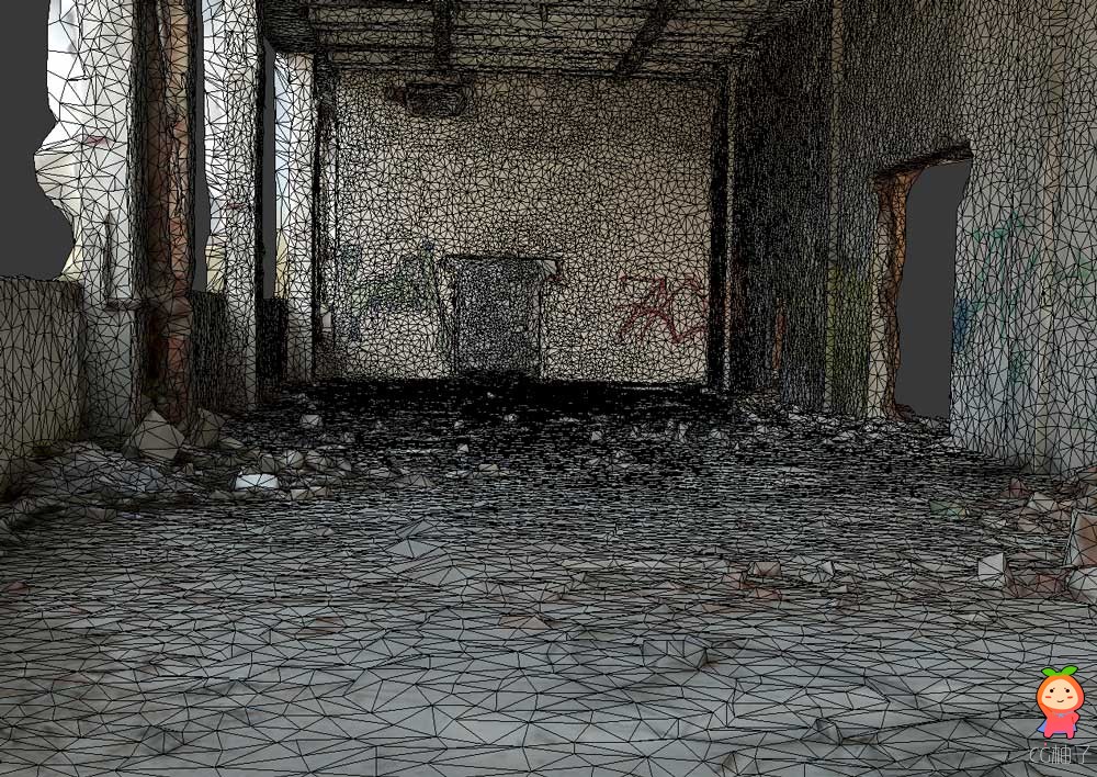 写实废弃危房涂鸦走廊破旧过道破烂废墟 次世代场景