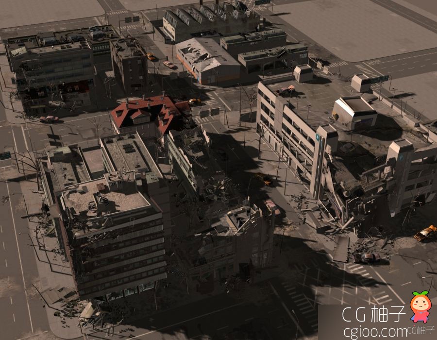 灾难战争城市建筑模型 废墟荒废城镇场景