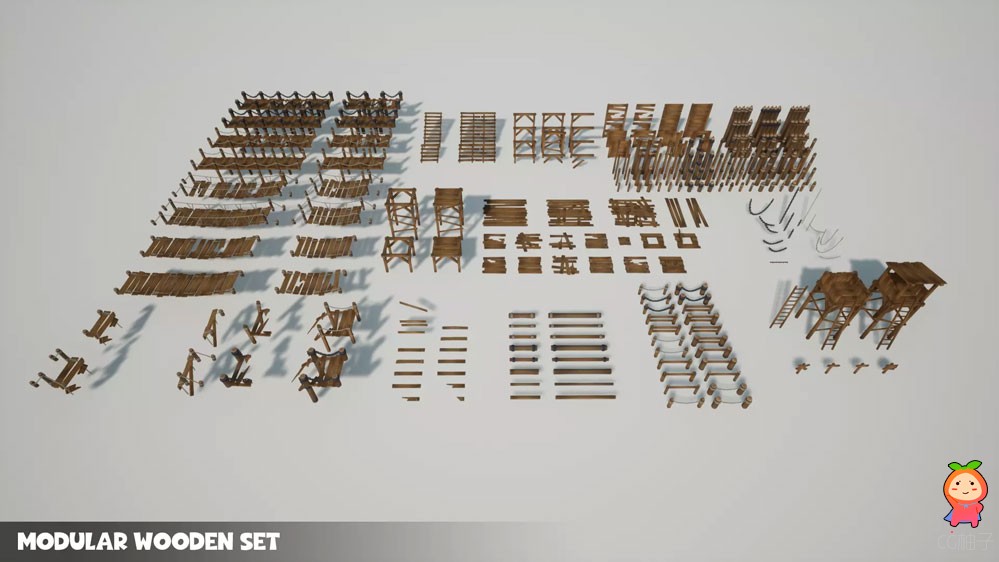 Modular Wooden Set 1.0模块化木制桥梁墙壁围栏楼梯道具模型