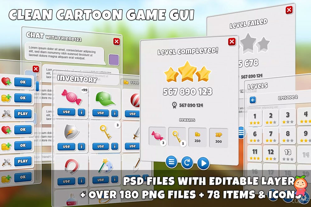 Clean, cartoon 4k game GUI - over 180 PNG files!1.21